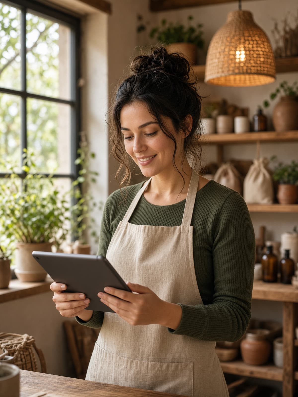 Editorial image of a person using a tablet at a local business.